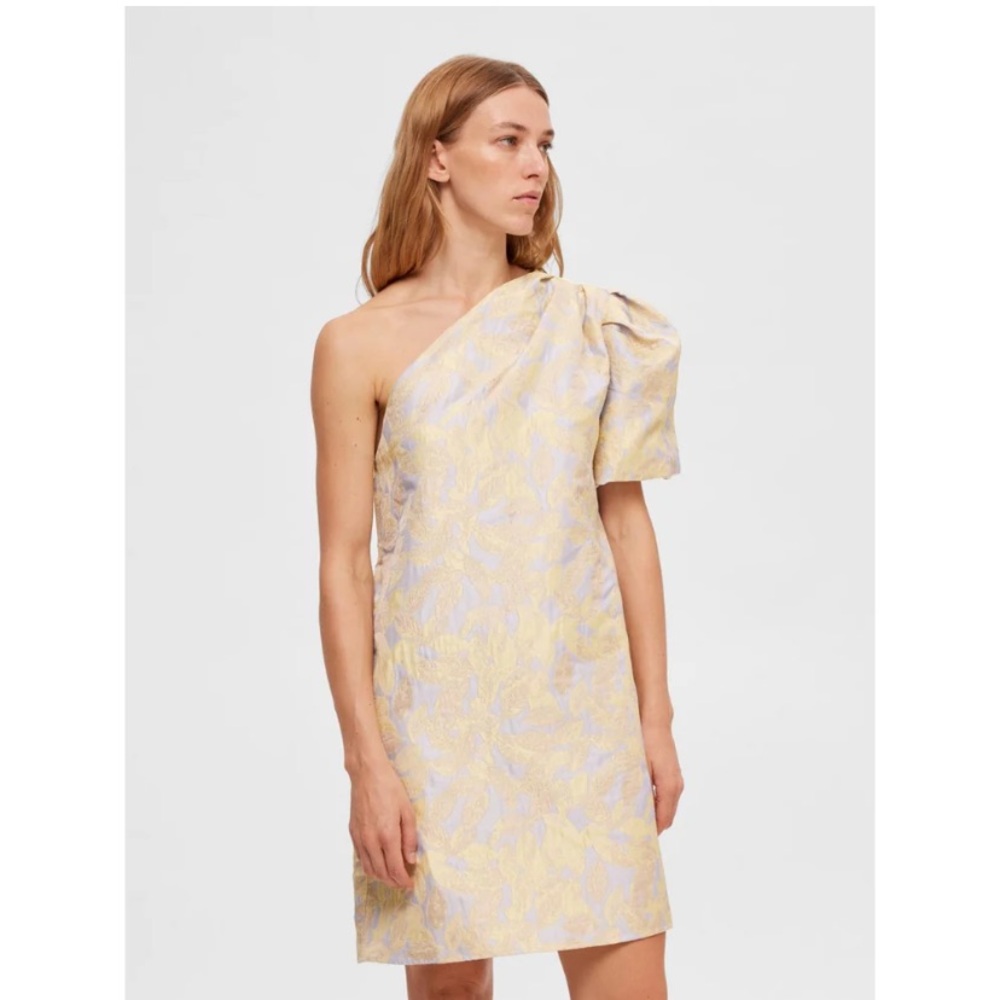 Selected Femme Britt One-Shoulder Yellow floral jacquard brocade Dress